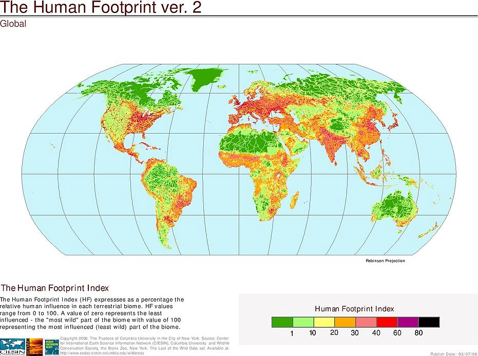 2006年的全球人類足跡指標（Human Footprint Index）地圖。行動網路的普及讓人類對自然的影響範圍更為廣泛。