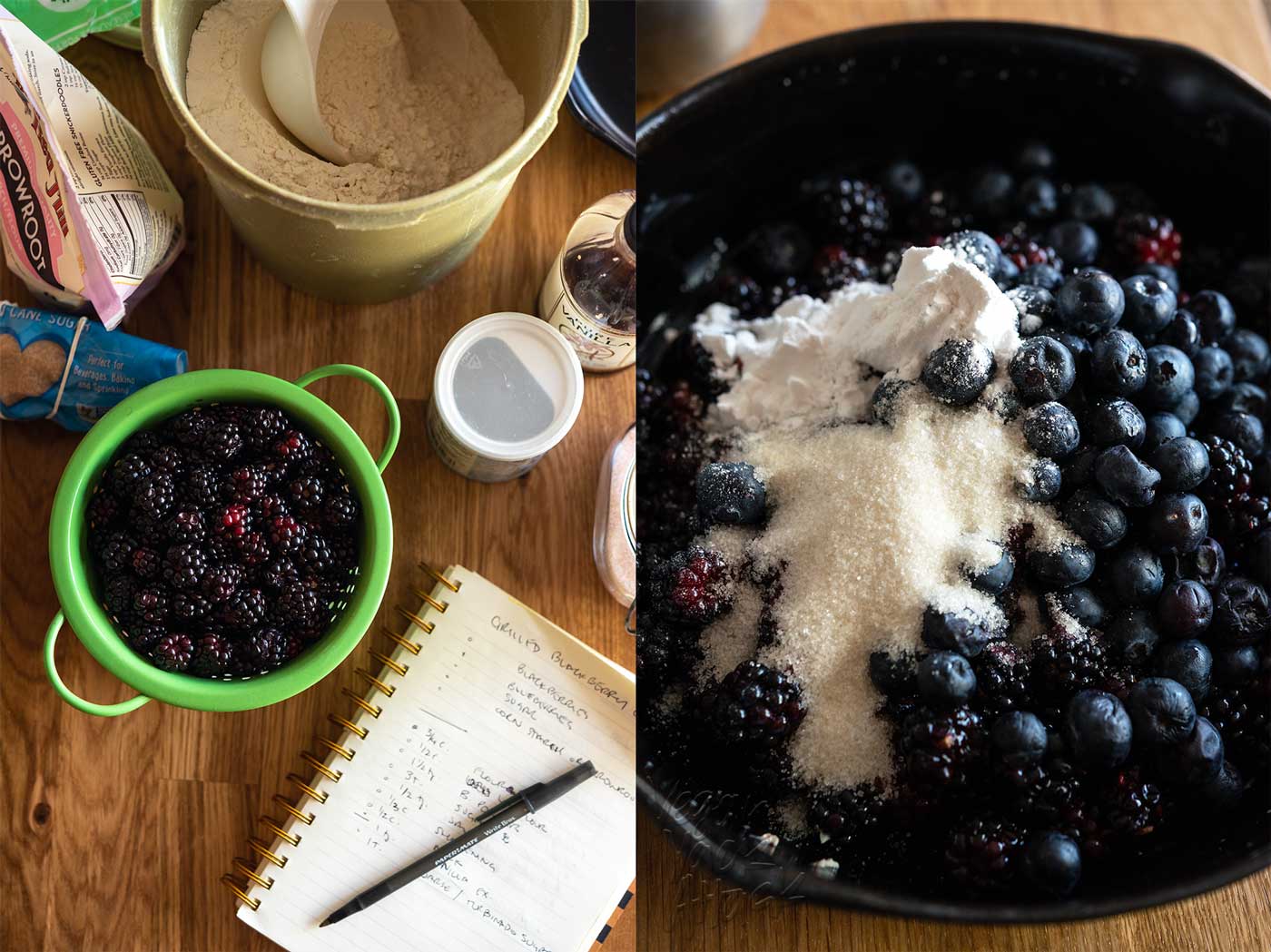 image collage of ingredients and note pad, with berries in cast iron with sugar