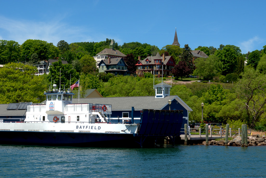 Ferry in Bayfield harbor, Wisconsin, June 5, 2018. Photo shared as public domain on Pixabay and Flickr as “Ferry in Bayfield Harbor.”