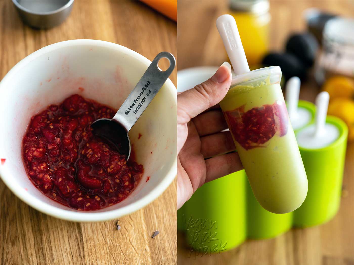 image collage of mashed raspberries in a bowl and filled popsicle mold