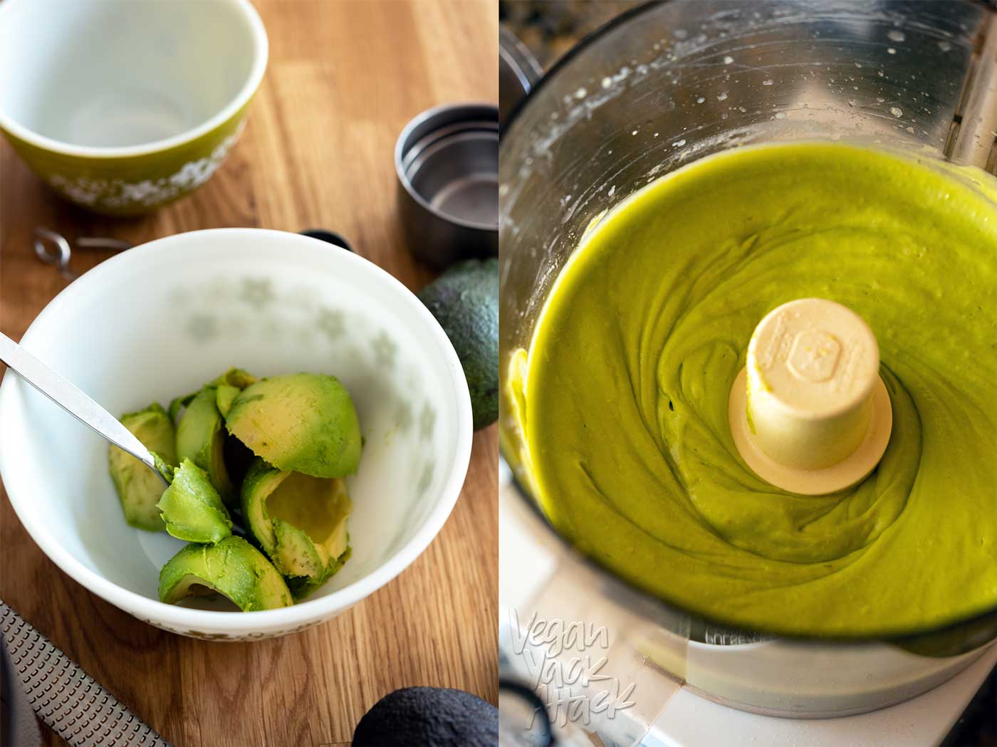 image collage of scooped avocado and avocado puree in food processor