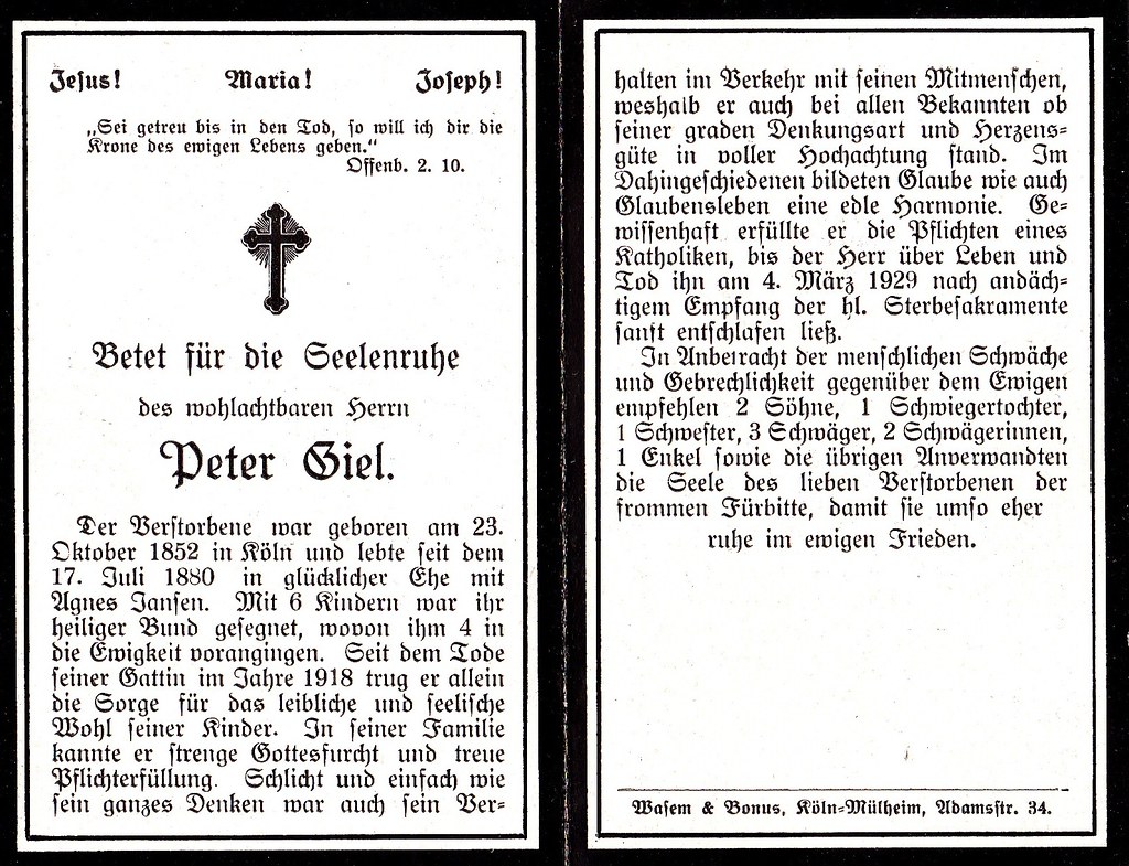 Totenzettel Giel, Peter † 04.03.1929