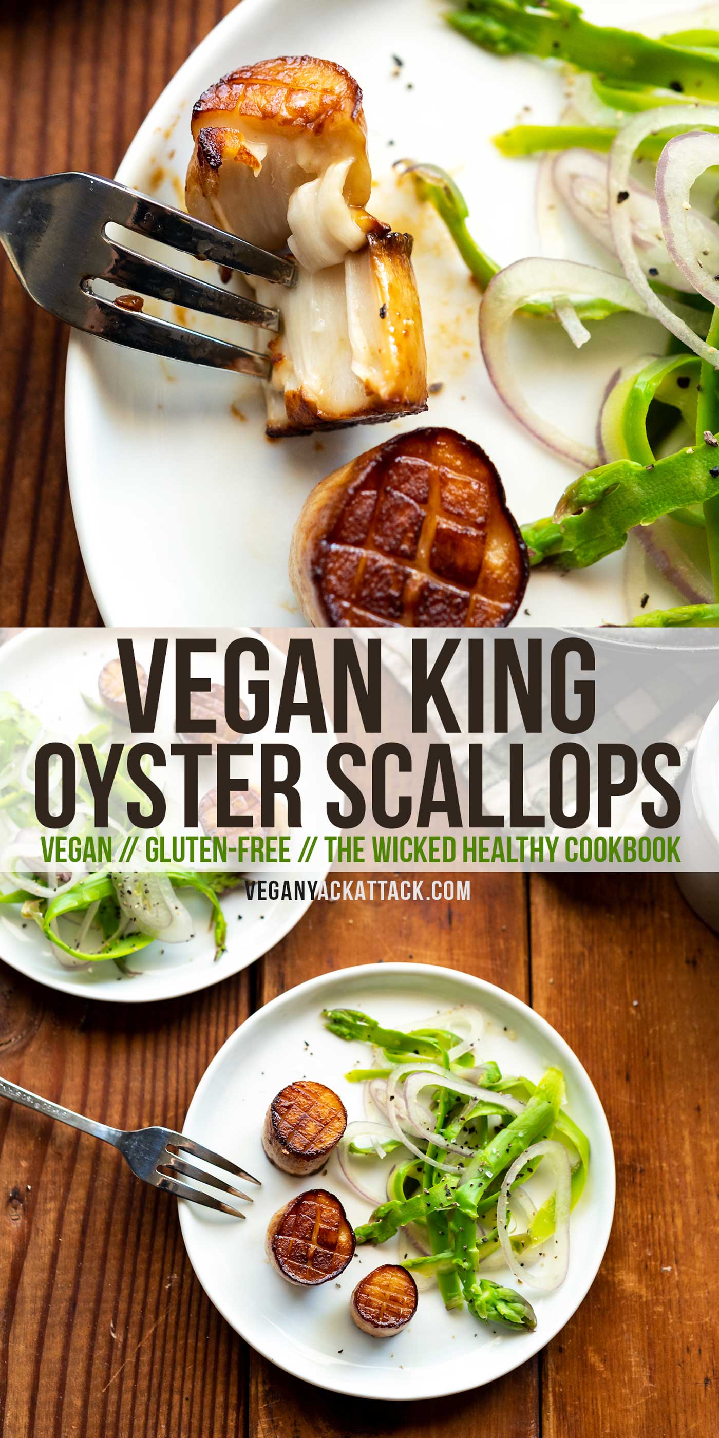 Incredible, vegan, King Oyster Scallops, made from King Oyster Mushrooms! Recipe from The Wicked Healthy Cookbook, and makes for an impressive appetizer.