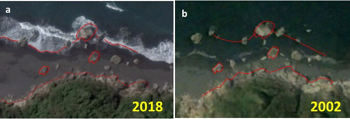 Google Earth 柴山山腳海岸地形比較顯示淤沙情形。紅線標示為相對海岸與珊瑚岩參考點 a. 2018年柴山海岸；b. 2002年柴山海岸。