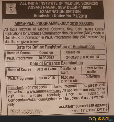 AIIMS PhD July 2018 Exam Date
