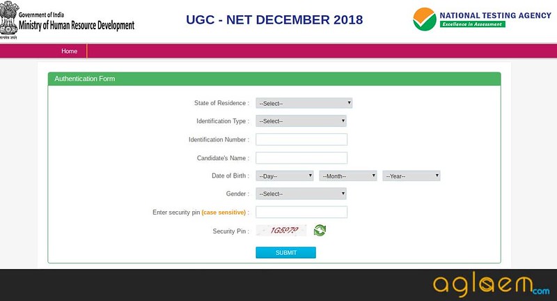 Authentication Page of UGC NET Dec 2018