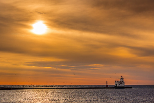 Sunrise, Kewaunee, Lighthouse, Lake Michigan, Sky