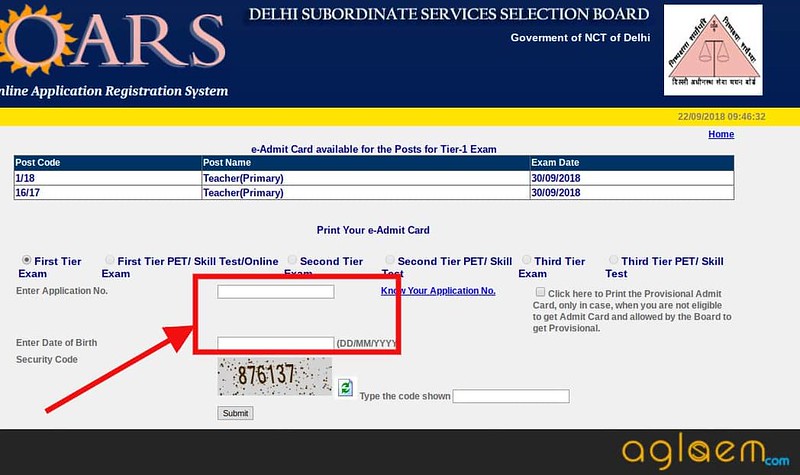 Window to download the admit card