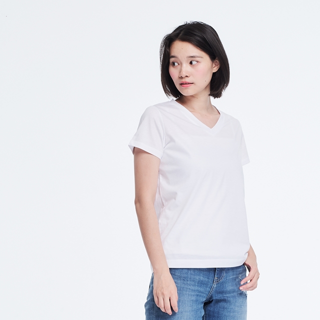 棉．麻 女 T 恤 白色 - 珠光棉V領質感棉TEE/純白
