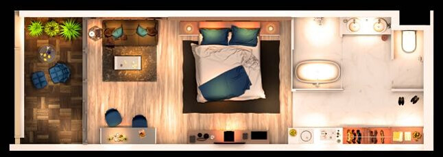 Thiết kế 3D của căn hộ đơn Malibu MGM Hội An mẫu 1