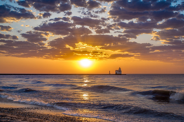 Sunrise, Beach, Kewaunee, Wisconsin, Lighthouse, Lake Michigan