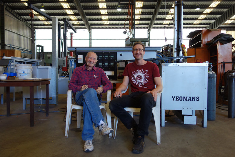 allan yeomans and lucas ihlein in front of the Yeomans Carbon Still