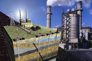carbon sequestration technique involves catching CO2 waste emitted by sources like fossil fuel plants, using it in another industrial process like energy extraction, then storing it underground. 