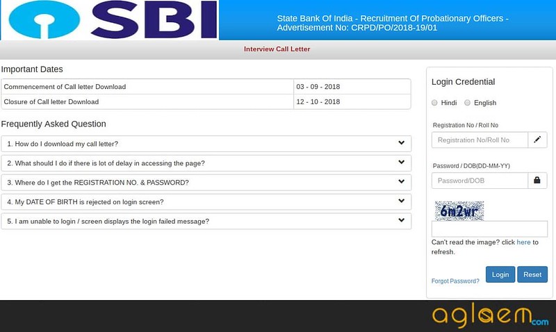 Login window of SBI admit card