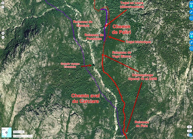 Photo aérienne du Haut-Cavu avec les secteurs Lora - Carciara - Paliri et les travaux du Chemin de Paliri au 22/09/2018
