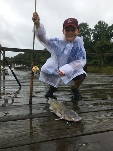 Photo of Boy with a channel catfish on a rainy day.