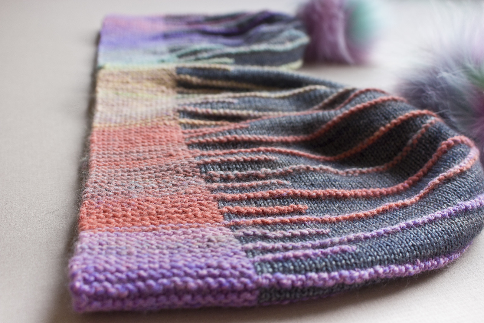 close up of sideways knit garter brim of misura hats knit from handspun