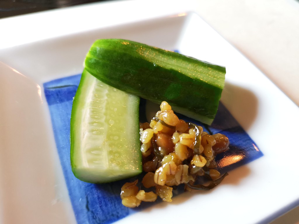 Our appetiser of crunchy vinegared cucumber and fermented Job's tears. Perfect balance of textures, sweet, salty and sour.