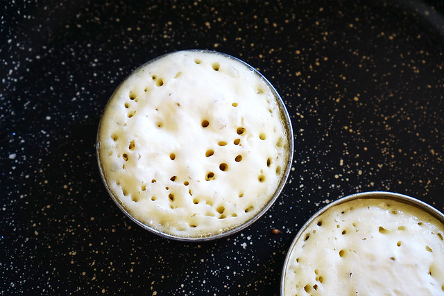 Homemade gluten free crumpets: cooking process / little holes forming
