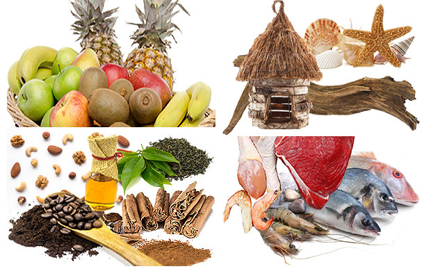 Fruits, spices, seafood and ocean items