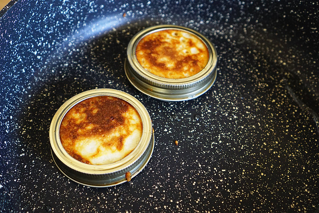 Homemade gluten free crumpets: flipped after 5 minutes