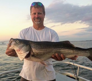 Photo of Man holding striped bass