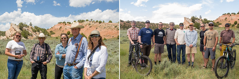 Partner organizations pose for photographs at the JBR mineral withdrawal ceremony, including members of the Lander chapter of Backcountry Horseman of America (left), and Lander Cycling and the International Mountain Biking Association (right)