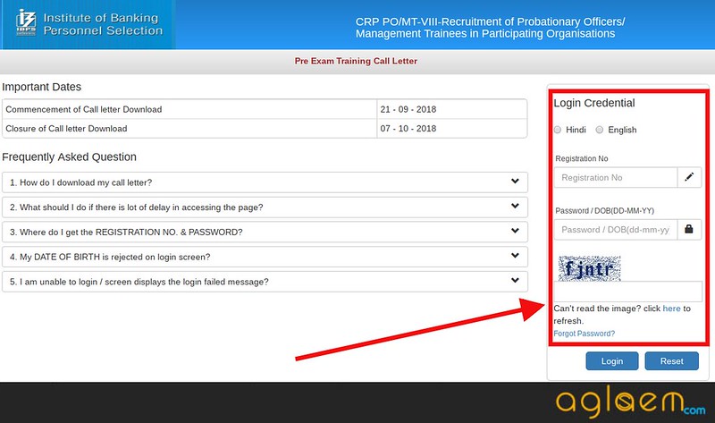 Login window to download the admit card