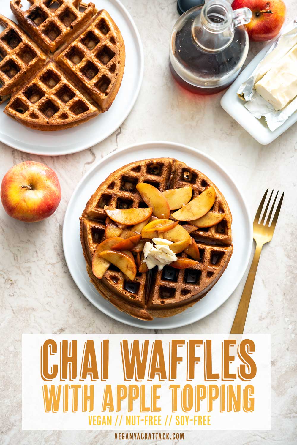 These spiced Chai Waffles with Cinnamon Apple Topping are the perfect fall brunch meal! Plus, they're vegan and soy-free. #vegan #breakfast #nutfree #veganyackattack