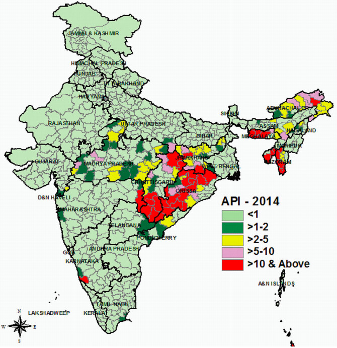 Annual Parasite Incidence (API) per 1,000 population is highest in eastern and north-eastern parts of India.