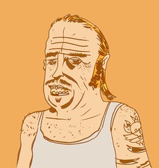 A drawing by Flickr's King Mini of a classic scumbag white guy in a wife-beater with a mullet, tattoos, and receding hairline.