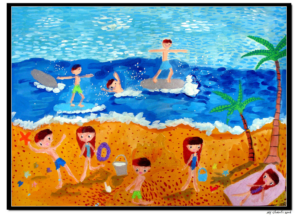 The Beach | 1st grader, 7 years old, girl. Poster colors ...