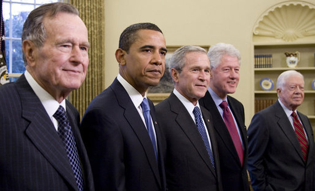 2009 Five Presidents George W. Bush, President Elect Barack Obama, Former Presidents George H W Bush, Bill Clinton, Jimmy Carter Portrait