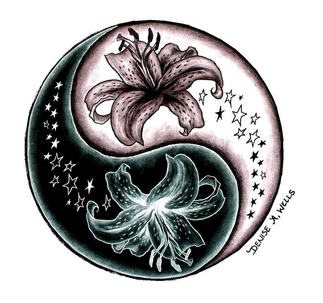 Stargazer Lily and Stars Yin Yang tattoo design by Denise A. Wells