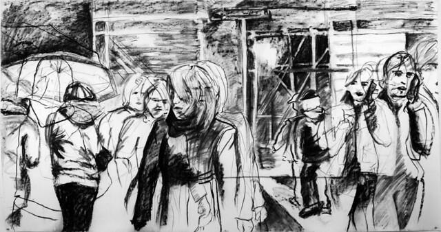 12/08, 
St. Mark's & 2nd Ave.,
charcoal on pastel cloth,
108" x 50"
