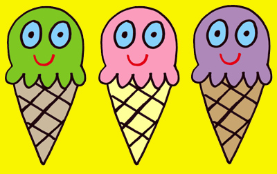 An image of three hand-drawn ice cream cones with smiling faces