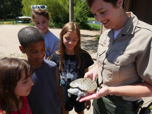 Kids and Park Ranger Looking at Turtle