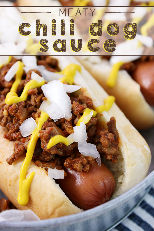 Meaty Chili Dog Sauce on a hot dog with onions and mustard.