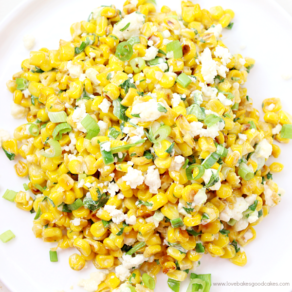 Mexican Street Corn Salad on a white plate.
