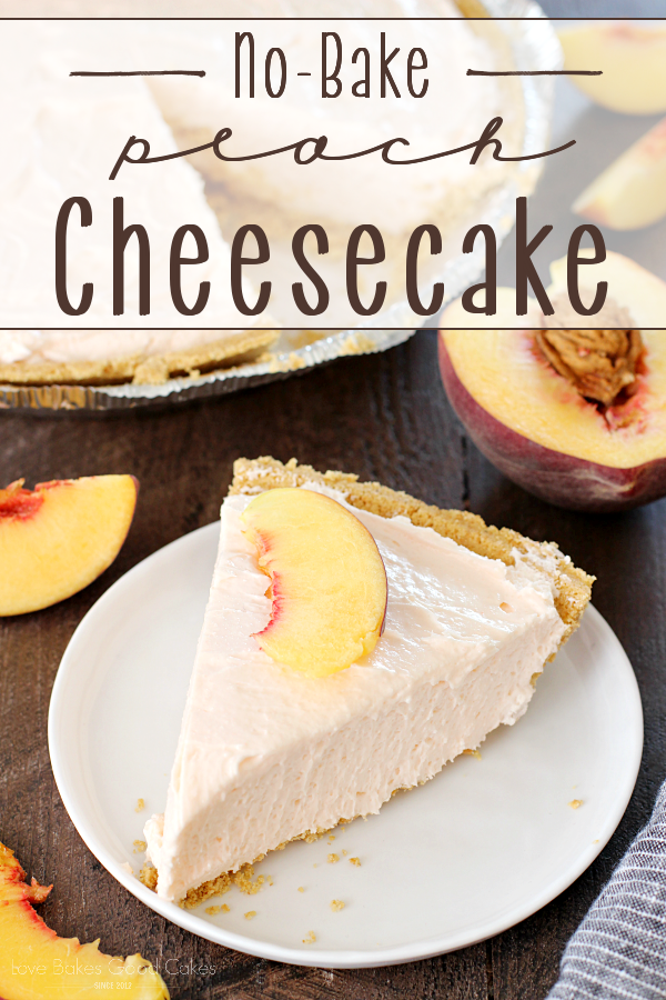 No-Bake Peach Cheesecake on a white plate with a peach sliced in half.
