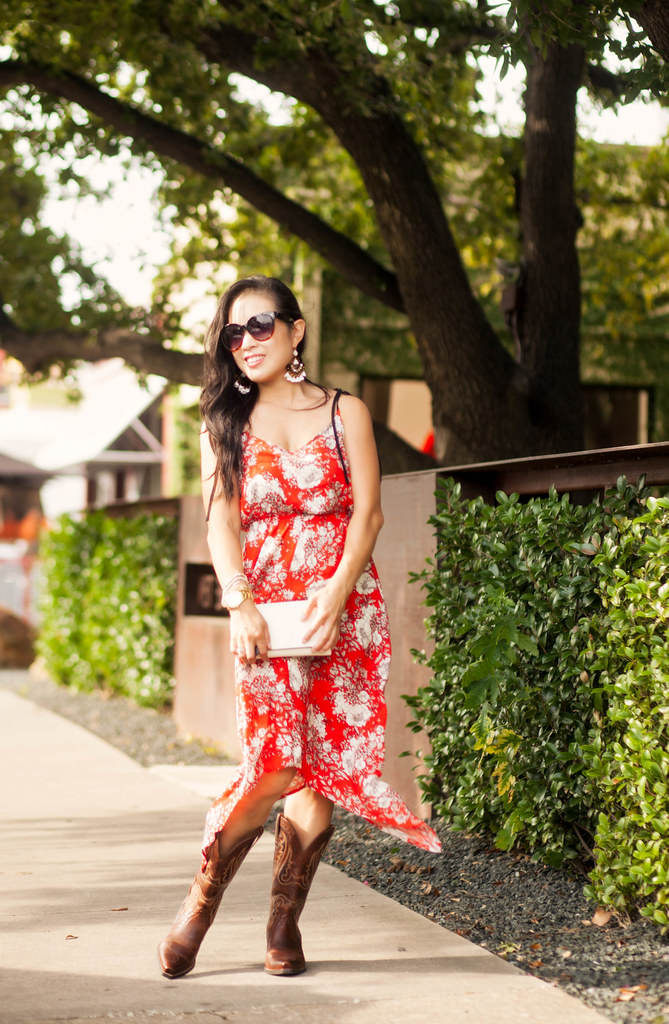 cute & little blog | petite fashion | red floral hankerchief dress, ariat cowboy boots, tory burch white cross body, statement chandelier earrings | summer outfit