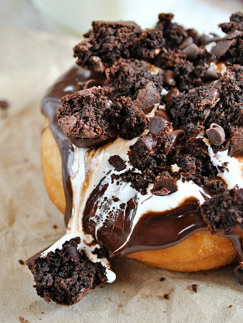 Doughnut topped with Brownie, Chocolate Syrup & Ice Cream