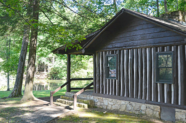 Cabin 2 is the only waterfront lodging at the park, notice the direction of the logs in this CCC-built park cabin at Hungry Mother State Park