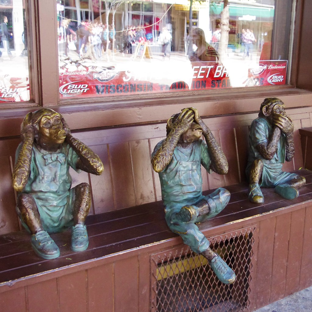 State Street Brats, “Hear No Evil, Speak No Evil, and See No Evil” monkey sculptures, State Street, Madison, Wisconsin, September 20, 2012 (Pentax K-r)