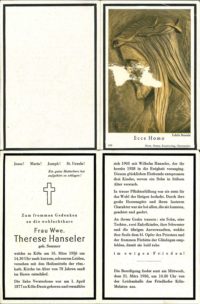 Totenzettel Hanseler, Therese † 16.03.1956
