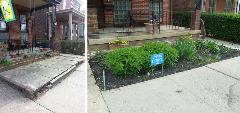The Before photo on the left shows the front of a philadelphia home with a cracked concrete slab between the lovely covered front porch and the sidewalk. The After photo on the right shows the home again after Rain Check helped the homeowner get the slab removed and replaced with a rain garden full of native plants.