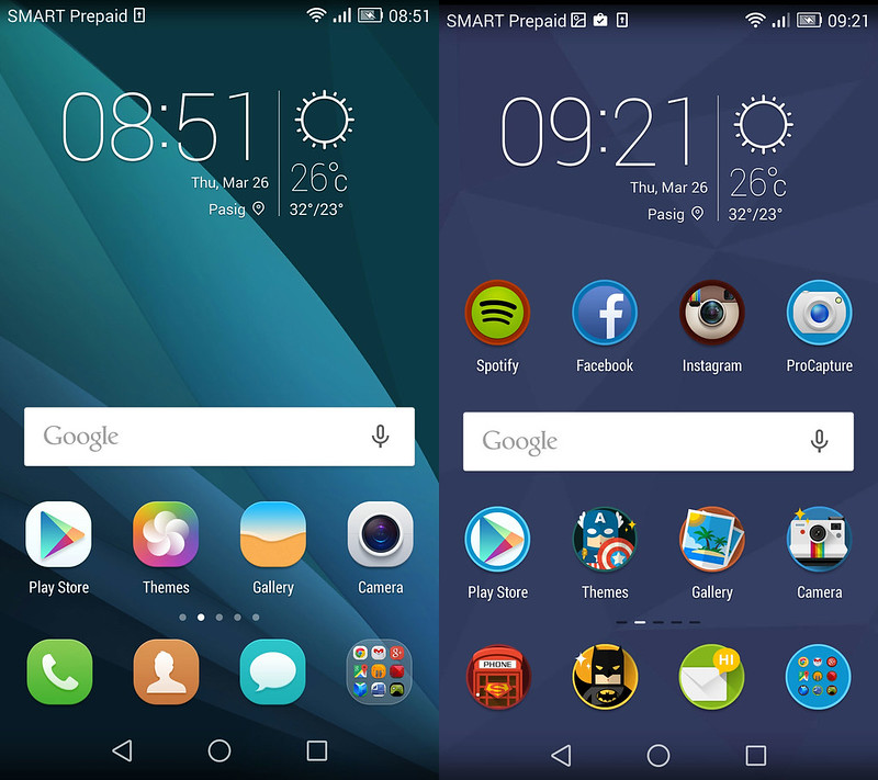 Default EMUI 3 theme on the left and my Superhero theme on the right
