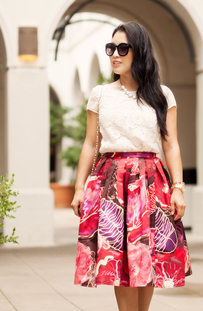 cute & little blog | petite fashion | lace top, red floral pleated midi skirt, red bow heels | outfit