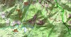 Carte de la partie Lora - Radichella de la région du Haut-Cavu avec le canyon de Lora et la trace de sa remontée et du retour. En rouge la partie canyon, en bleu les accès aller et retour sur sente ou pistes, en rose l'accès secondaire en cas de piste RG de la Sainte-Lucie fermée.