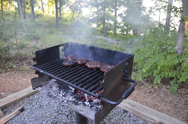 Grilling burgers outside Cabin 11 at Occoneechee State Park in Virginia